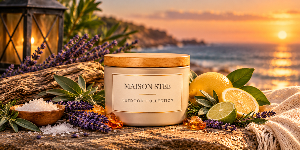 Maison Stee Outdoor Collection candle in a cream vessel with a natural wood lid, surrounded by lavender, amber, fresh lemons, limes, and coastal botanicals against a golden ocean sunset.