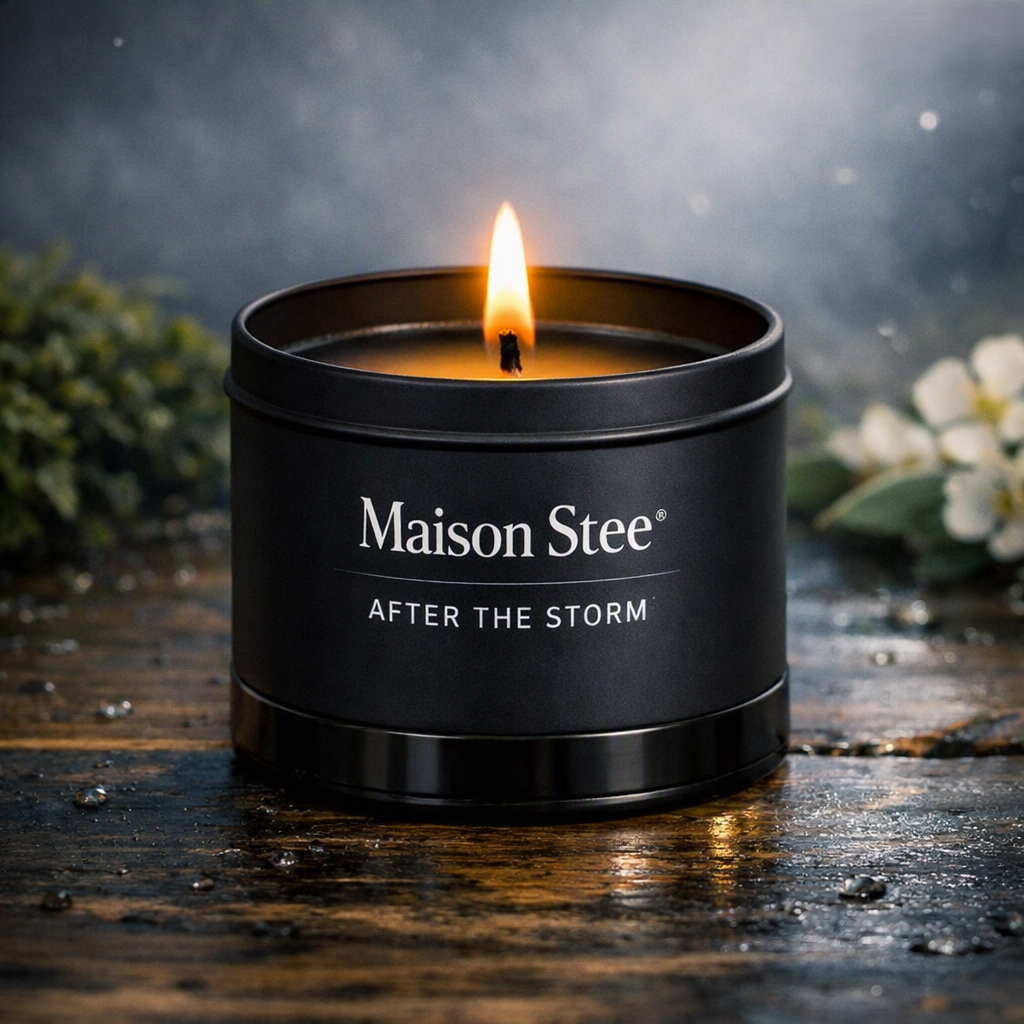 Maison Stee After the Storm candle burning in a tin matte‑black vessel on a damp wooden surface. Cool misty light, dewdrops, and soft natural textures create a serene, post‑rain atmosphere.