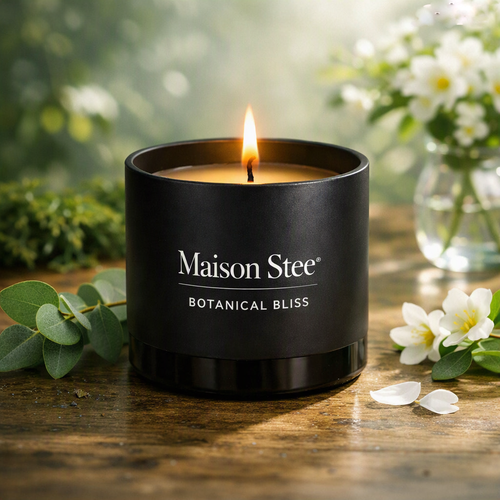 Maison Stee Botanical Bliss candle burning in a glass matte‑black vessel on a wooden surface. Fresh greenery, white flowers, and soft natural light create a bright, rejuvenating atmosphere.