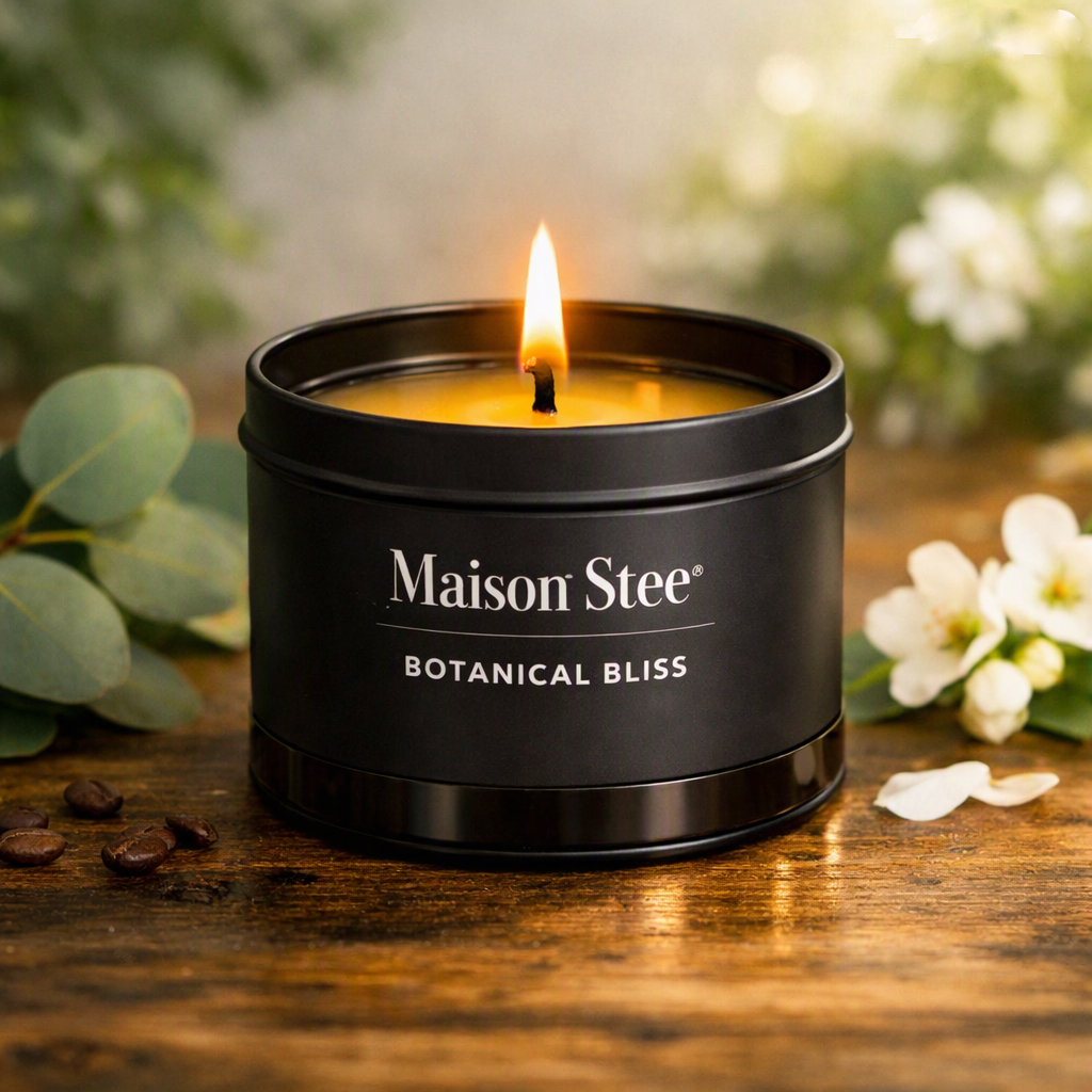 Maison Stee Botanical Bliss candle burning in a tin matte‑black vessel on a wooden surface. Fresh greenery, white flowers, and soft natural light create a bright, rejuvenating atmosphere.