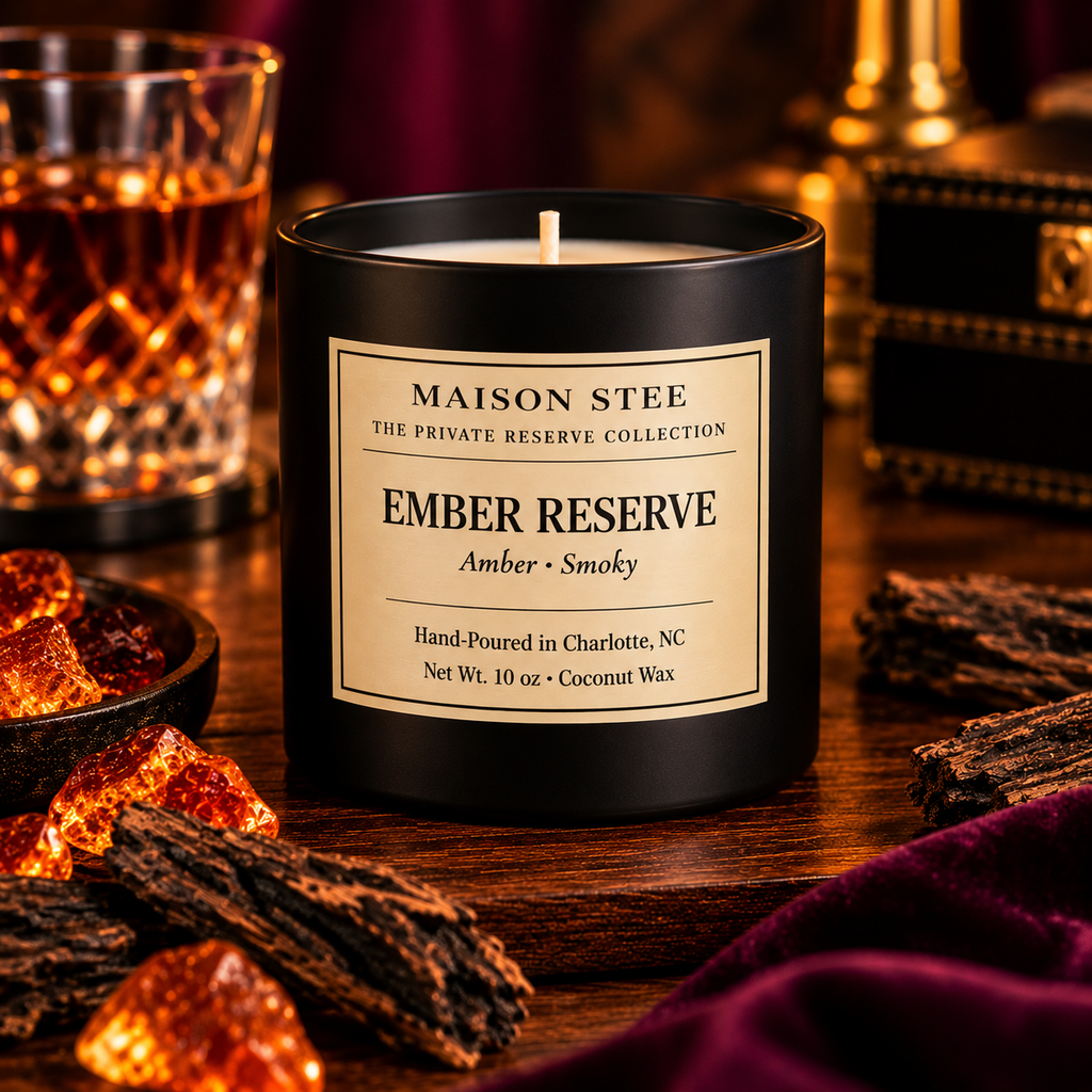 Maison Stee Ember Reserve candle in a glass matte‑black vessel, lit on a dark wooden surface with soft, warm light. Minimal, elegant styling conveys a luxurious, intimate mood.
