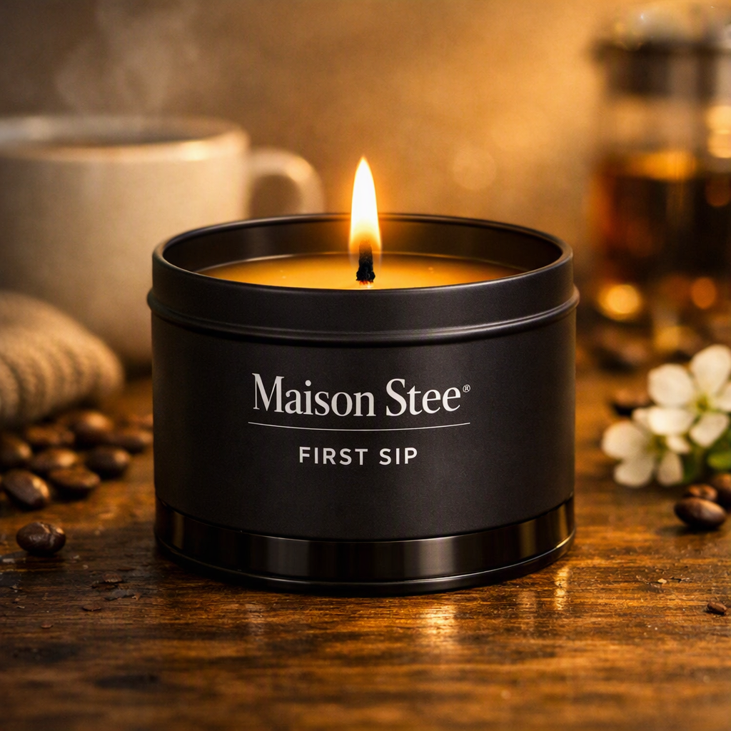 Maison Stee First Sip candle glowing in a tin matte‑black vessel on a wooden surface. Warm café‑inspired lighting with soft shadows evokes a cozy, comforting morning mood.