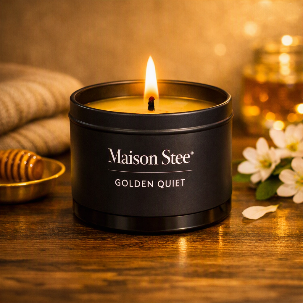 A tin matte‑black Maison Stee candle labeled “Golden Quiet” sits beside an open book and soft florals, lit by warm natural light to evoke a calm, luminous atmosphere.