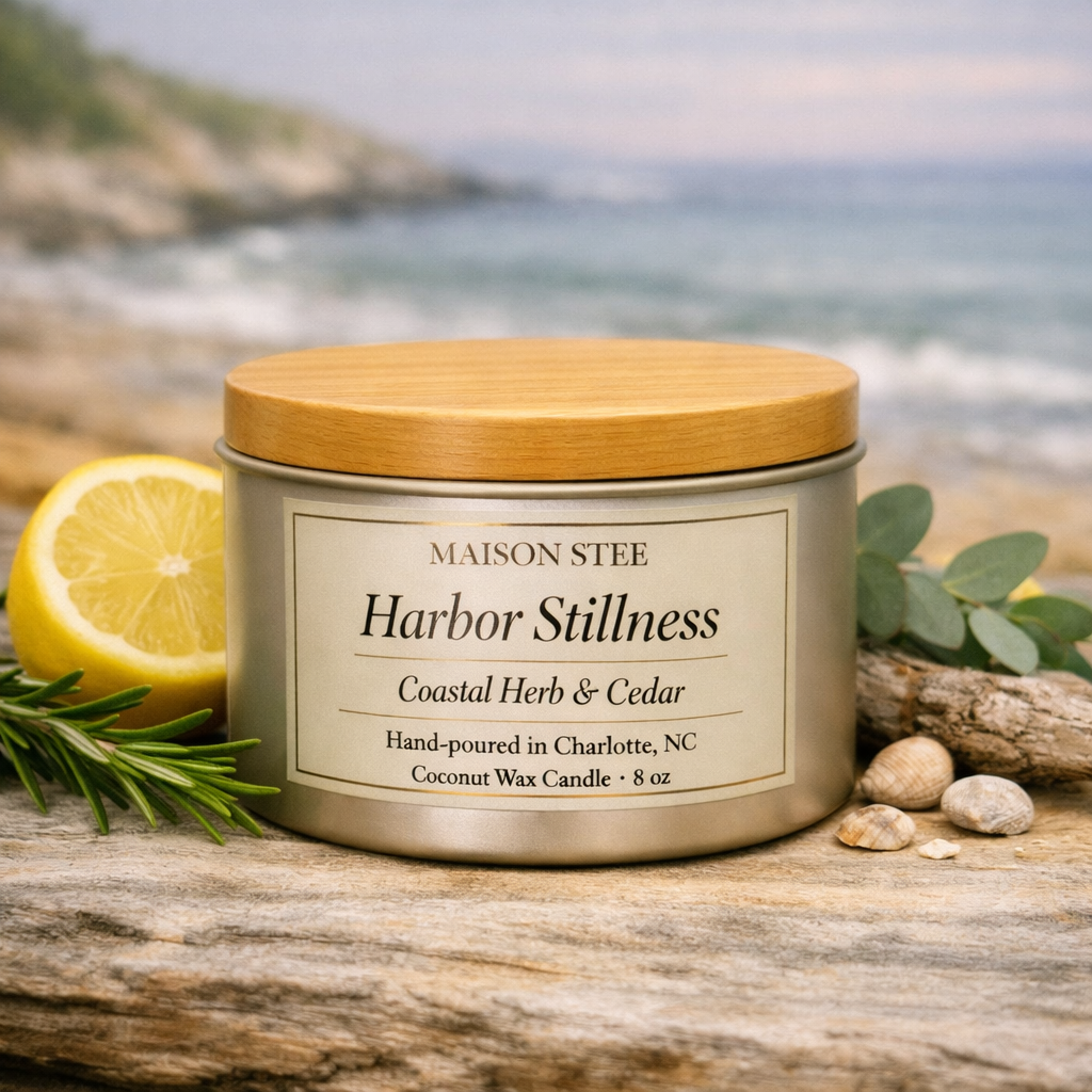 Maison Stee Harbor Stillness candle burning in a champagne-gold vessel with soft coastal lighting and natural outdoor textures, creating a calm seaside mood.