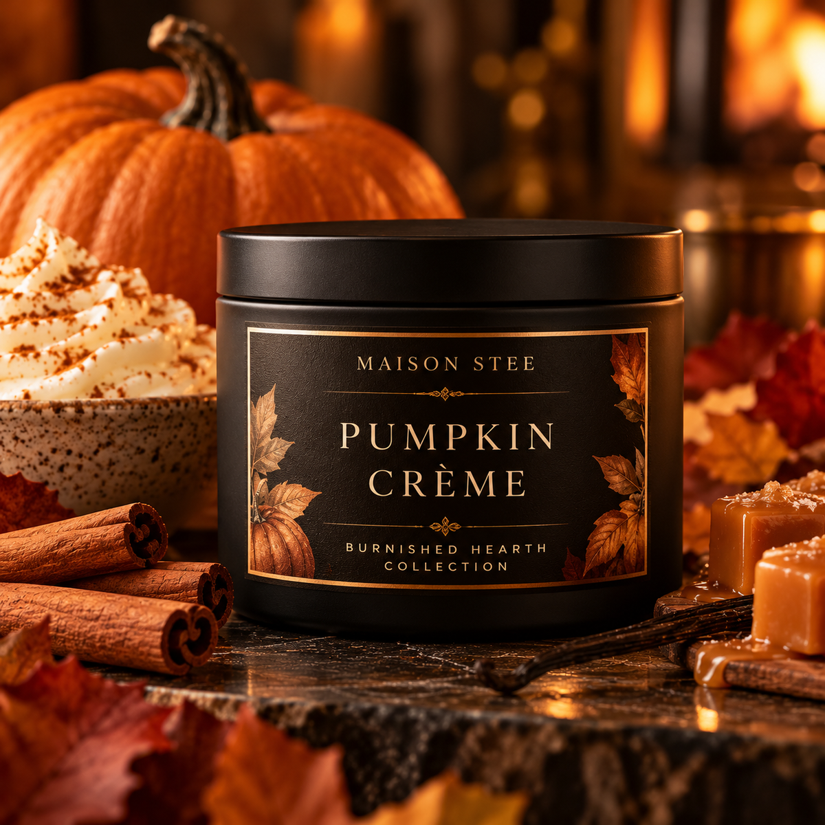 Maison Stee Pumpkin Crème candle in a matte black tin, styled with pumpkin, whipped cream, cinnamon, vanilla, caramel, and autumn leaves — Burnished Hearth Collection.