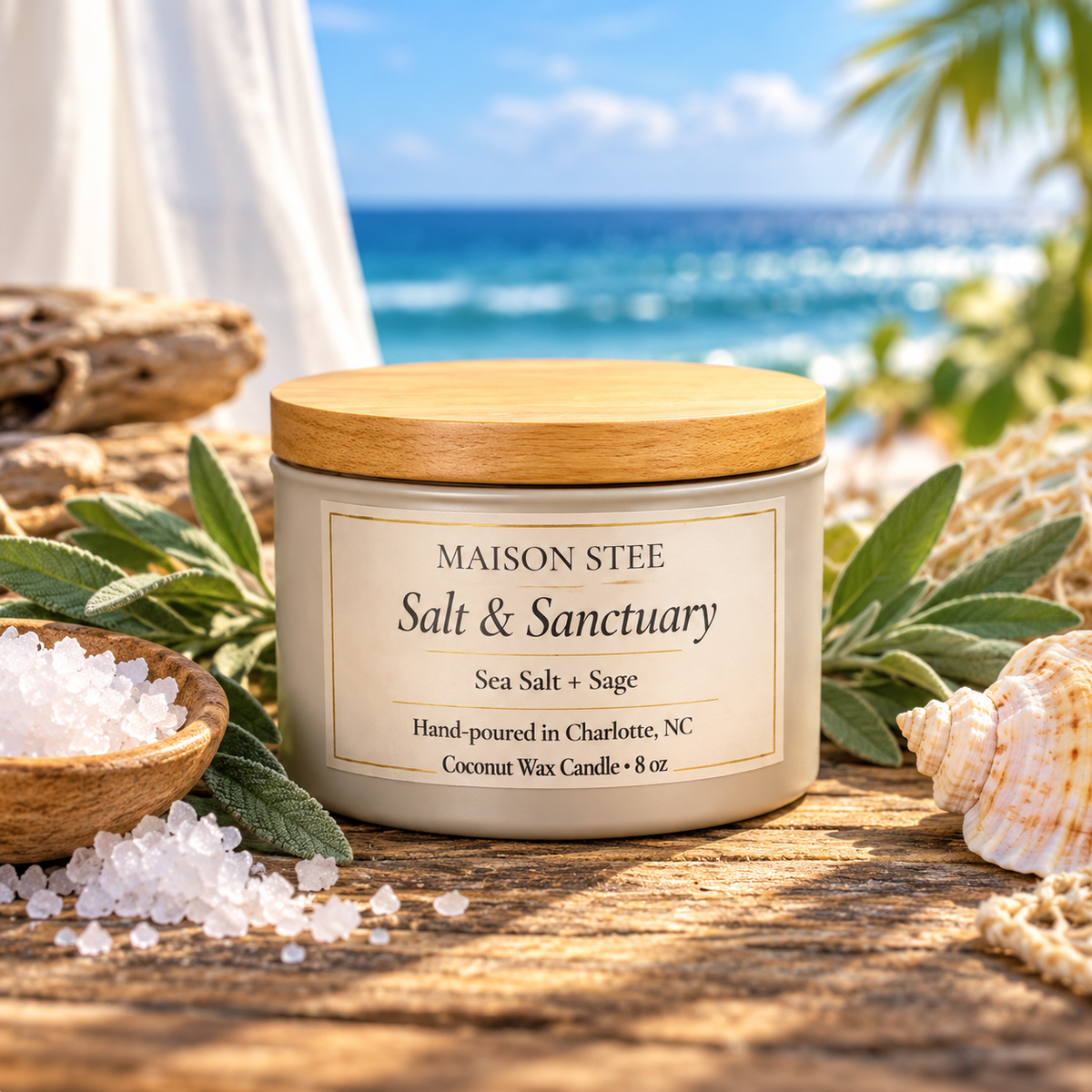 Maison Stee Salt & Sanctuary sea salt and sage scented candle in a cream ceramic vessel with a natural wood lid, surrounded by sage leaves, sea salt, seashells, and driftwood against a serene ocean backdrop.