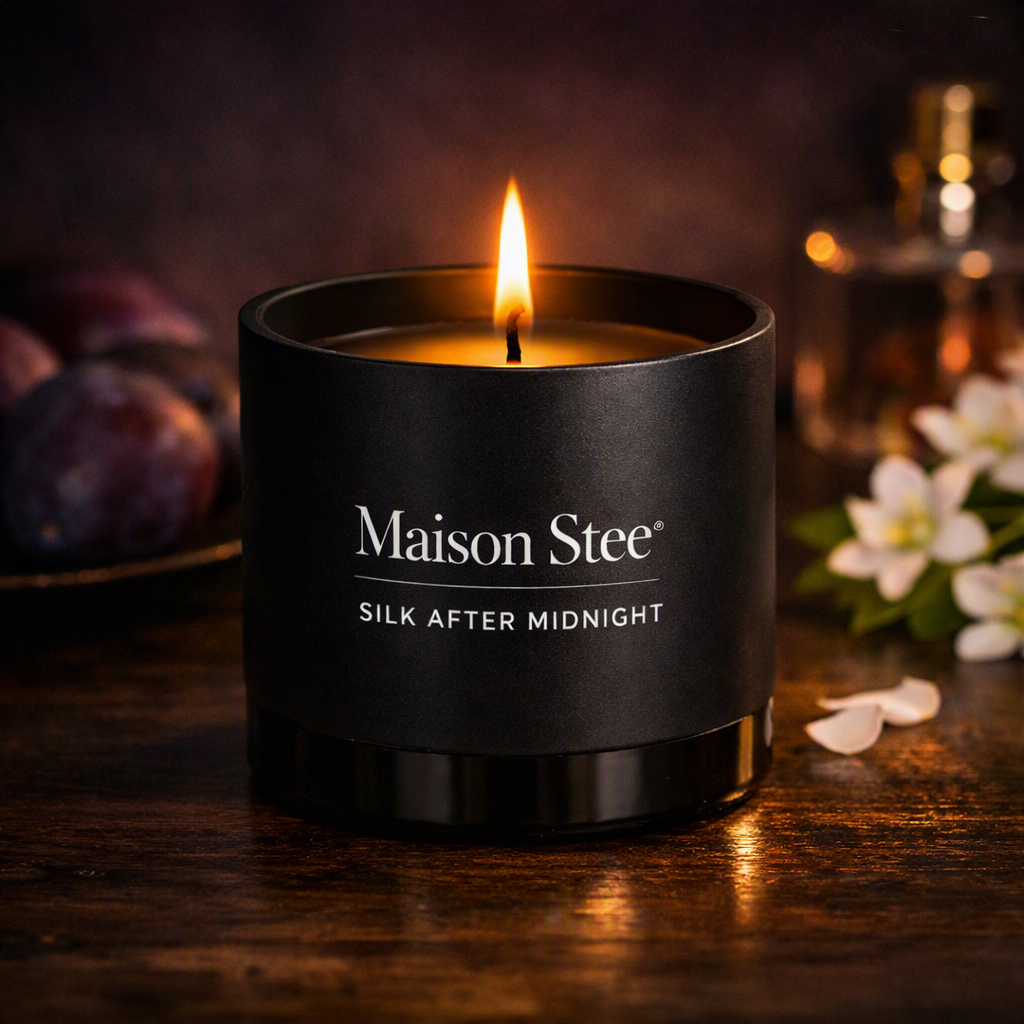 Maison Stee Silk After Midnight candle burning in a glass matte‑black vessel on a dark wooden surface. Warm amber light, soft shadows, and plum and white floral accents create an intimate, luxurious atmosphere.