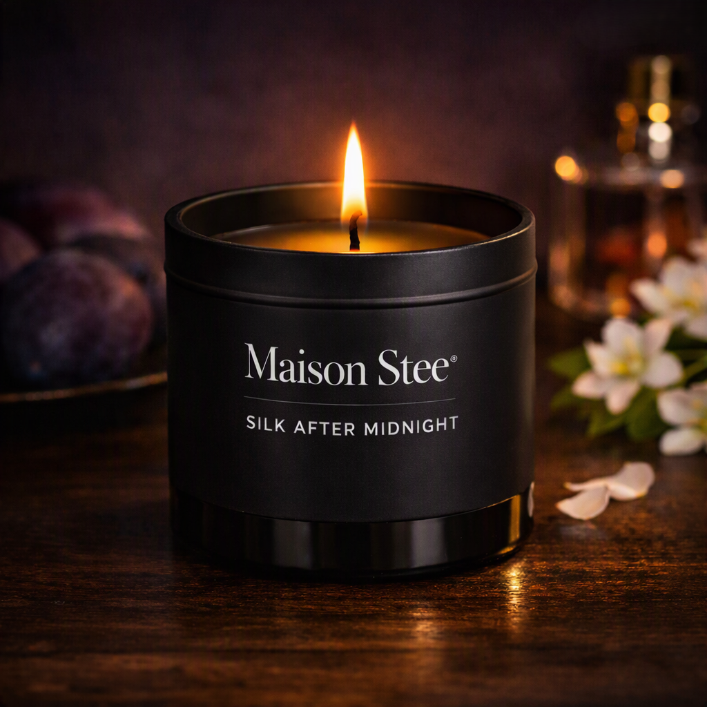 Maison Stee Silk After Midnight candle burning in a tin matte‑black vessel on a dark wooden surface. Warm amber light, soft shadows, and plum and white floral accents create an intimate, luxurious atmosphere.