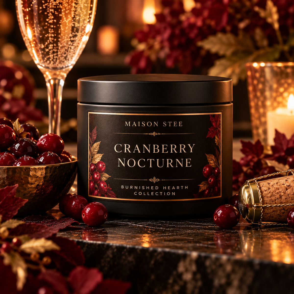 Maison Stee Cranberry Nocturne candle in a matte black tin, styled with fresh cranberries, sparkling Prosecco, burgundy autumn leaves, and warm candlelight — Burnished Hearth Collection.