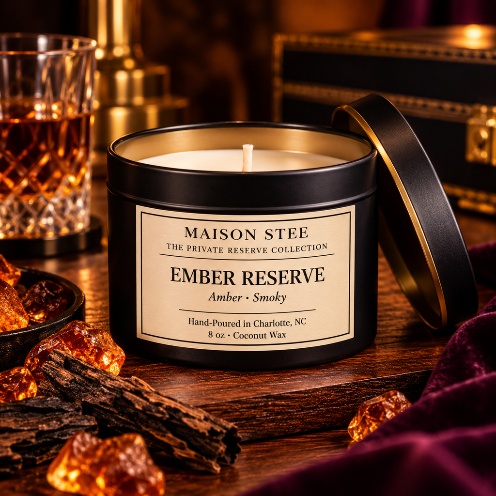 Maison Stee Ember Reserve candle in a tin matte‑black vessel, lit on a dark wooden surface with soft, warm light. Minimal, elegant styling conveys a luxurious, intimate mood.
