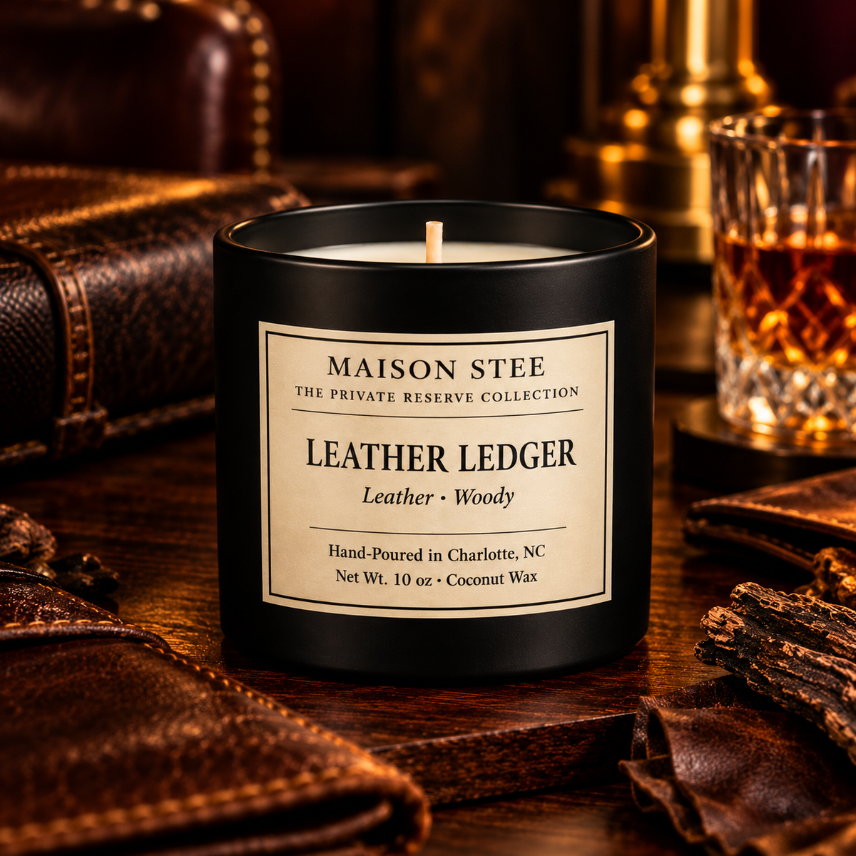 Maison Stee Leather Ledger candle glowing warmly in a glass matte‑black vessel. Rich amber‑toned lighting creates a luxurious, cozy mood.