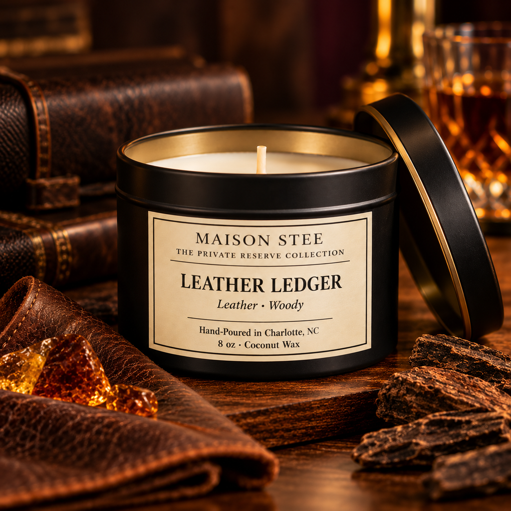 Maison Stee Leather Ledger candle glowing warmly in a tin matte‑black vessel. Rich amber‑toned lighting creates a luxurious, cozy mood.