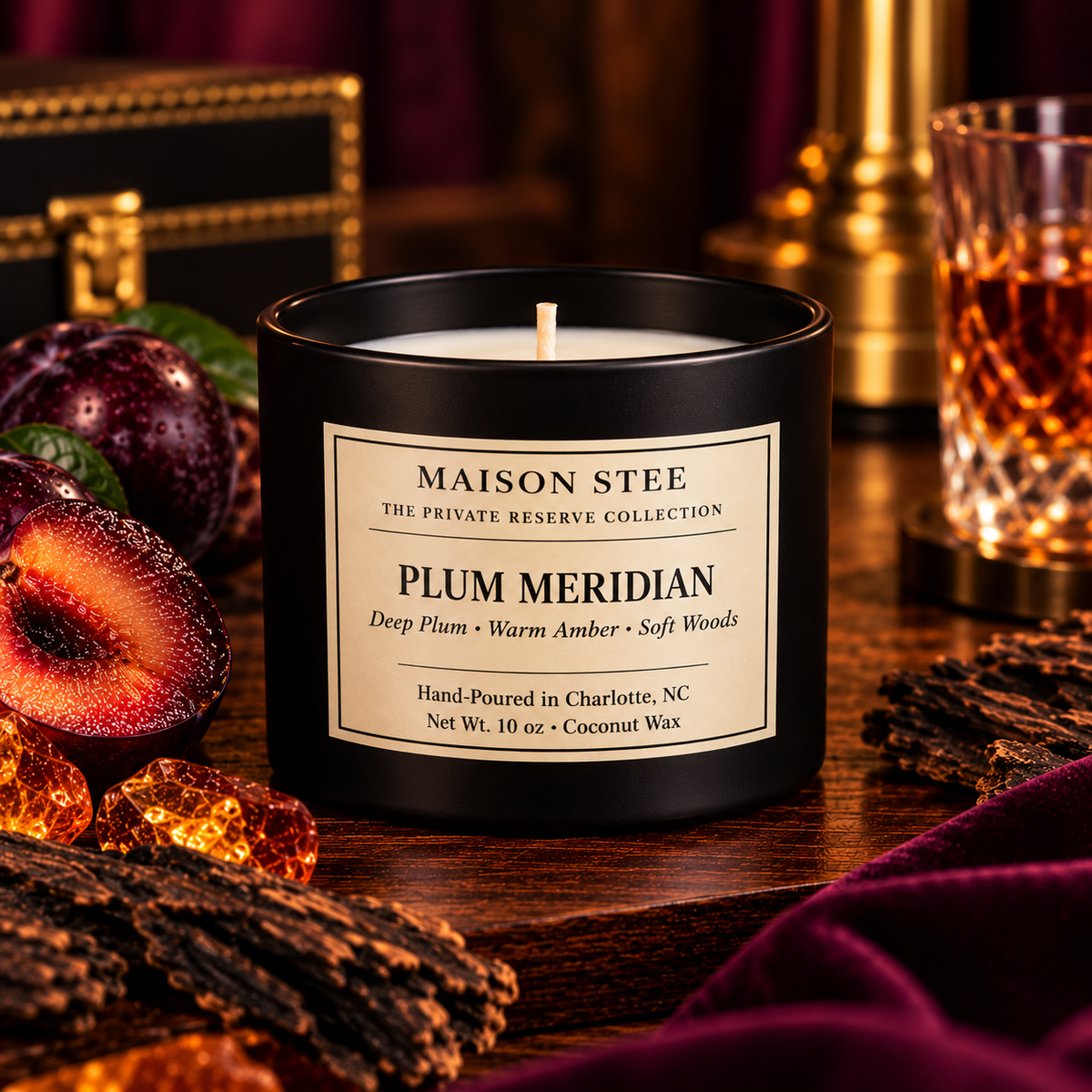 A Maison Stee 'Plum Meridian' scented candle in a matte black glass jar, styled on a rustic wooden table with fresh plums, amber liquid, and bark in the background.